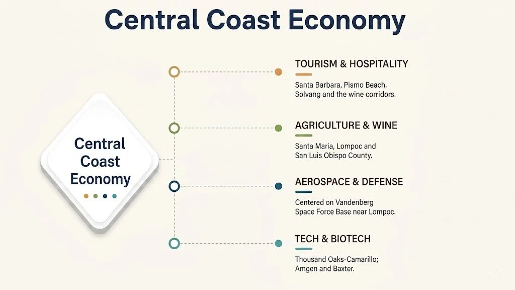 Central Coast economy sectors: tourism & hospitality, agriculture & wine, aerospace & defense, tech & biotech