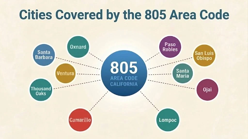 Cities covered by the 805 area code grouped by county — Ventura County (Ventura, Oxnard, Thousand Oaks, Simi Valley, Camarillo), Santa Barbara County (Santa Barbara, Santa Maria, Lompoc), and San Luis Obispo County (San Luis Obispo, Paso Robles)