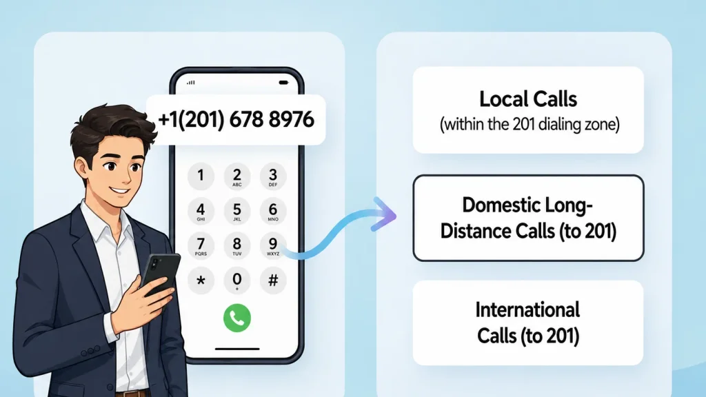 Dialing procedures for 201 area code — local, domestic, and international call formats