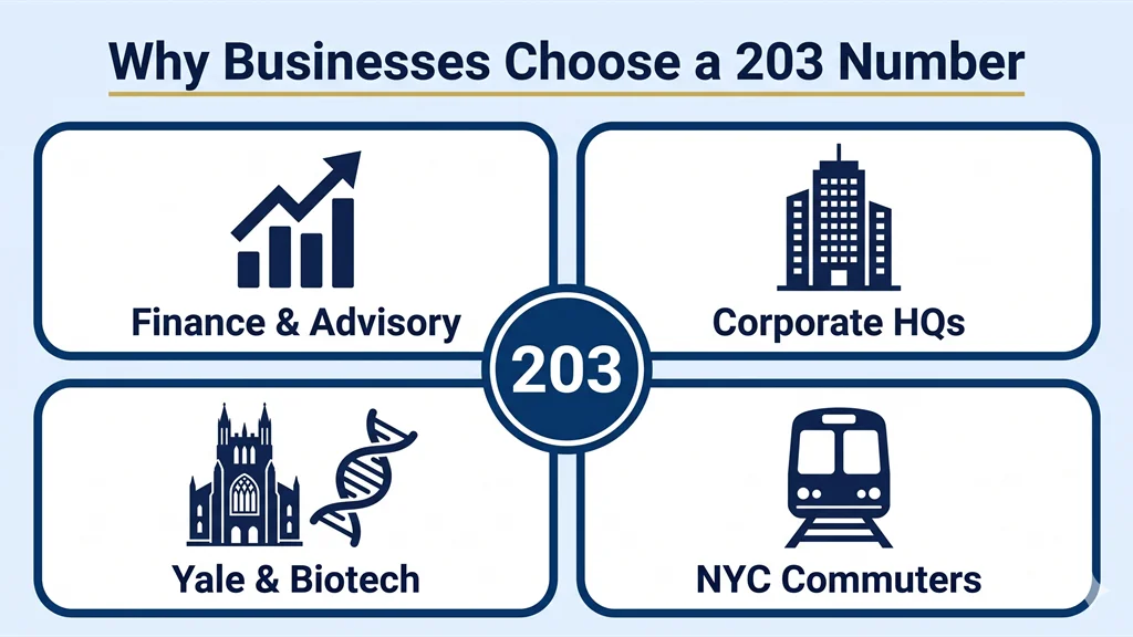 Four labeled cards showing a finance chart for Finance, an office tower for Corporate HQs, a Yale-style building with a DNA helix for Yale and Biotech, and a commuter train for NYC commuters, around a phone showing 203