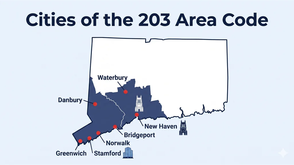 Map of southwestern Connecticut with red dots labeling Stamford, Greenwich, Norwalk, Bridgeport, New Haven, Danbury and Waterbury along the Long Island Sound coastline of the 203 area code