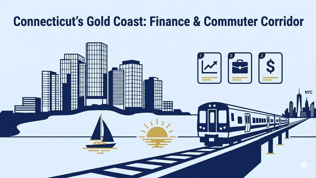 Flat illustration of Fairfield County Gold Coast with Stamford glass office towers, a Metro-North commuter train to New York, a sailboat on Long Island Sound and finance icons under a 203 label
