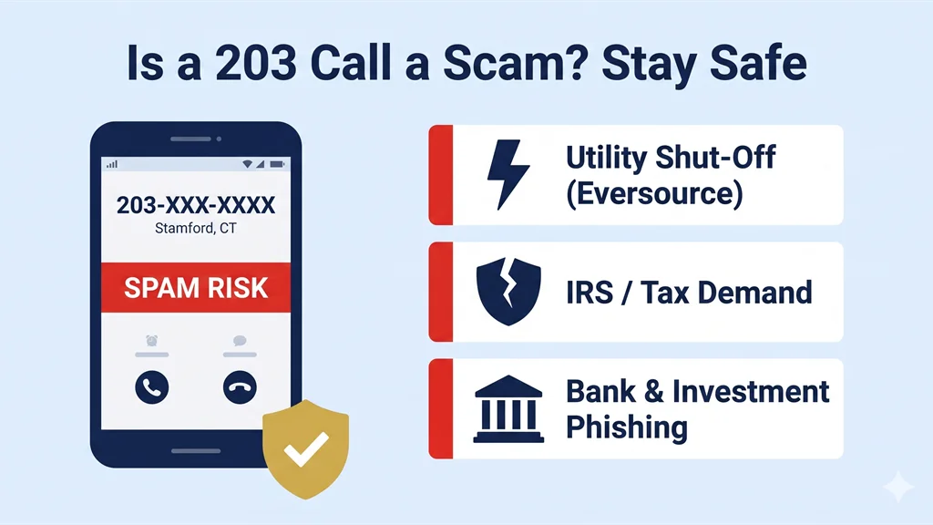Smartphone screen showing a 203-XXX-XXXX Stamford CT incoming call with a Spam Risk warning and cards for utility scam, IRS scam, bank phishing and robocall, with a shield icon