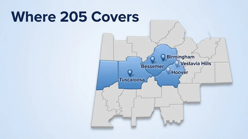 Dimensional map of central Alabama with Jefferson and Tuscaloosa counties highlighted in blue, and pins marking Birmingham, Hoover, Vestavia Hills, Bessemer, and Tuscaloosa