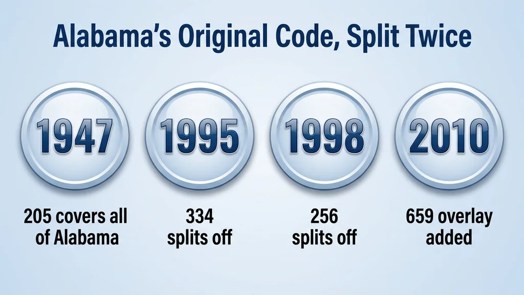 Four labeled milestone badges showing 205 assigned to all of Alabama in 1947, 334 splitting off south Alabama in 1995, 256 splitting off north Alabama in 1998, and 659 added as an overlay in 2010