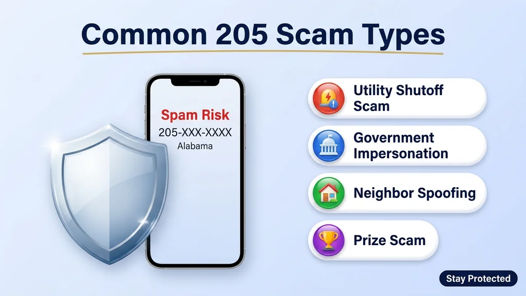 Shield icon beside a smartphone showing a masked 205-XXX-XXXX call with a spam risk warning, next to four labeled scam-type cards for utility shutoff scams, government impersonation, neighbor spoofing, and prize scams