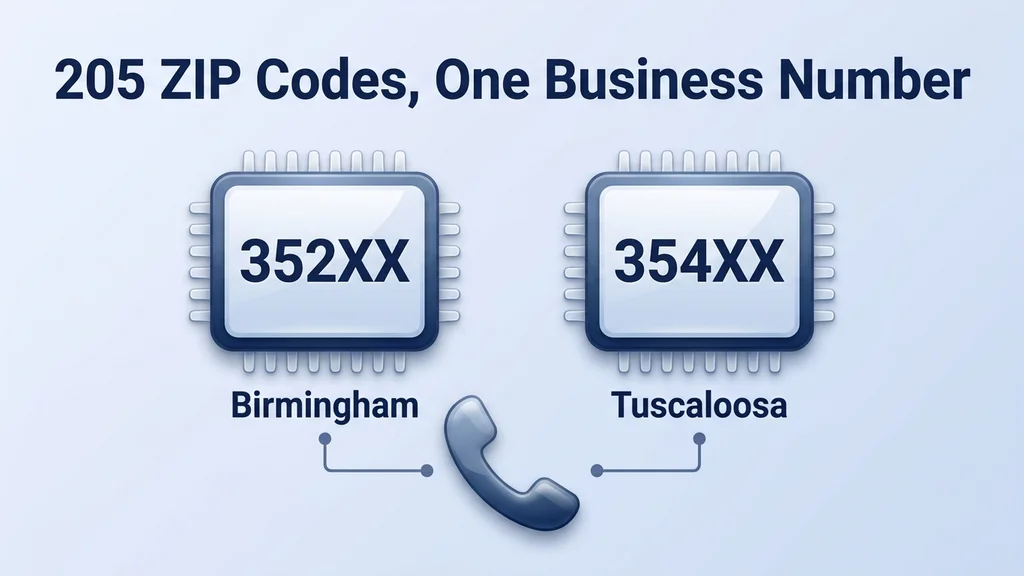 Two glossy ZIP code prefix chips labeled 352xx for Birmingham and 354xx for Tuscaloosa beside a large glossy phone handset icon representing a 205 business number