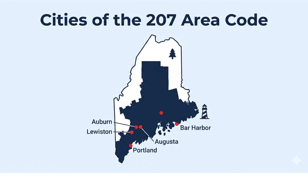 Map of Maine with red dots labeling Portland, Lewiston, Auburn, Augusta, Bangor and Bar Harbor, showing the statewide reach of the 207 area code in the northeastern United States