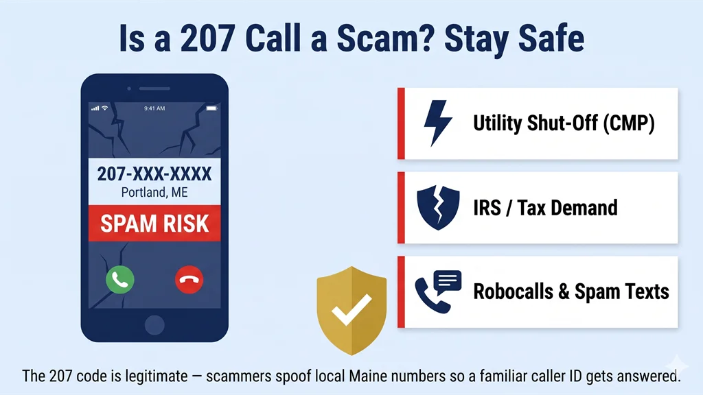 Smartphone screen showing a 207-XXX-XXXX Portland ME incoming call with a Spam Risk warning and cards for utility scam, IRS scam, and robocall, with a shield icon