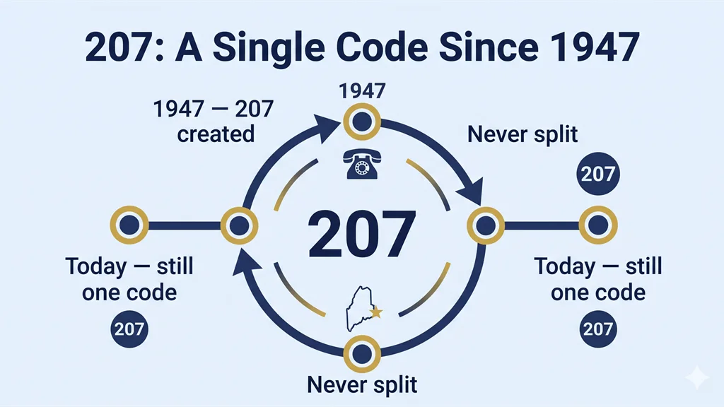 Diagram titled 207: A Single Code Since 1947 showing that the 207 area code was created in 1947, was never split, and still serves all of Maine as one code