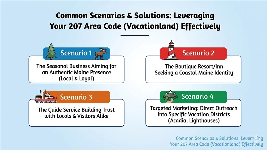 Four-card scenario grid showing how Maine Vacationland businesses use a 207 area code — seasonal business, boutique resort, guide service, and vacation-district marketing