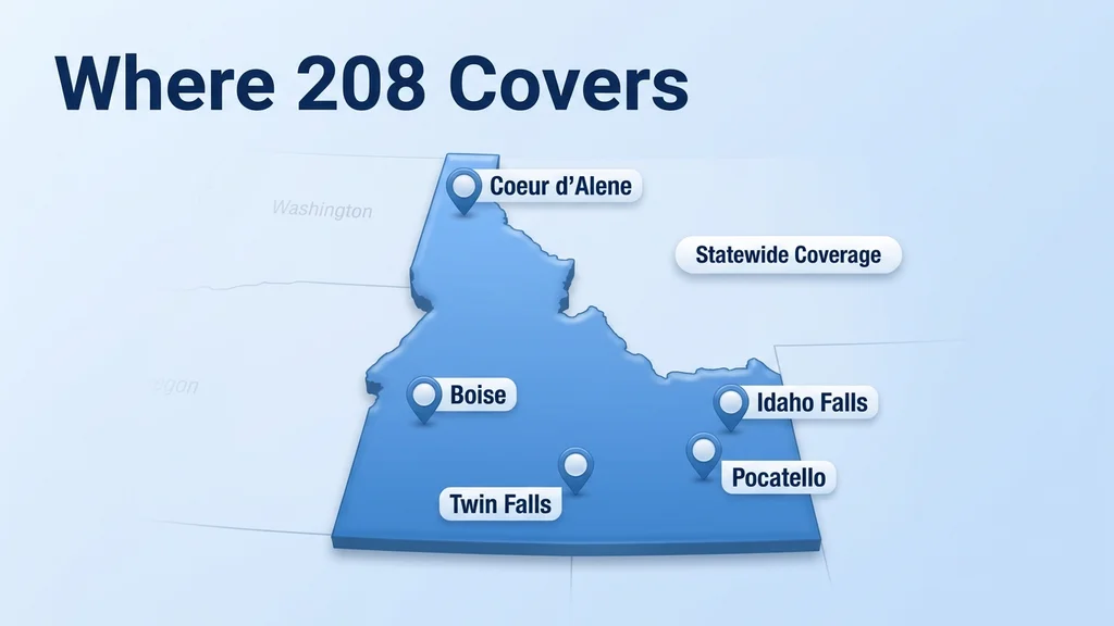 Dimensional map of Idaho fully highlighted in blue with pins marking Boise, Idaho Falls, Pocatello, Coeur d'Alene, and Twin Falls