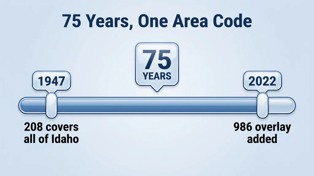 A horizontal timeline bar with a 1947 marker labeled 208 covers all of Idaho, a 2022 marker labeled 986 overlay added, and a 75 Years badge floating between them