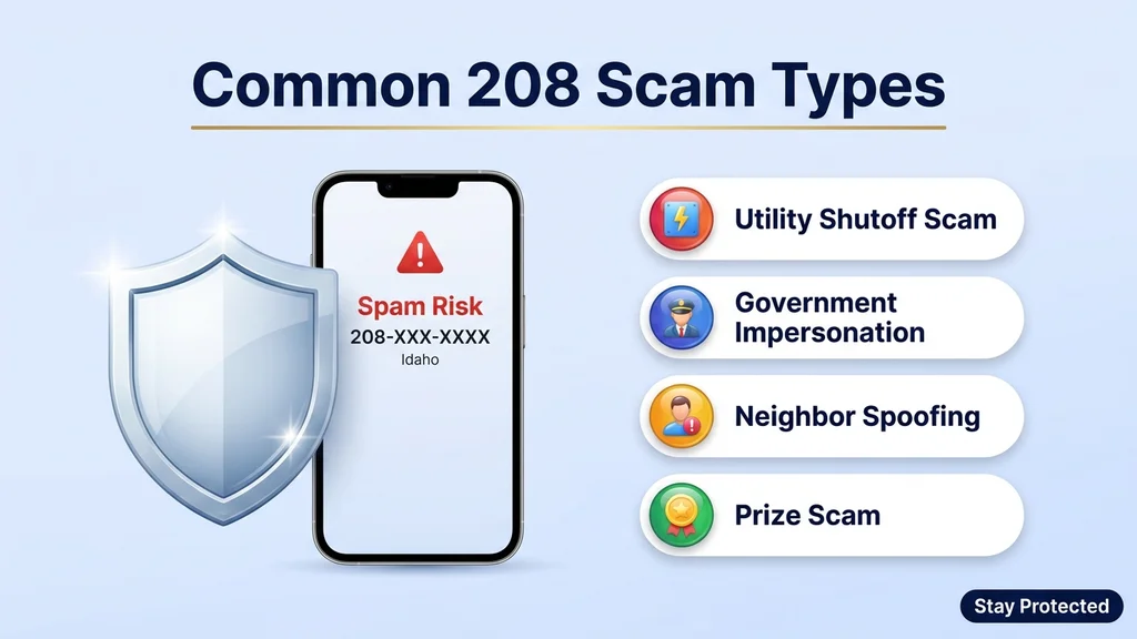 Shield icon beside a smartphone showing a masked 208-XXX-XXXX call with a spam risk warning, next to four labeled scam-type cards for utility shutoff scams, government impersonation, neighbor spoofing, and prize scams