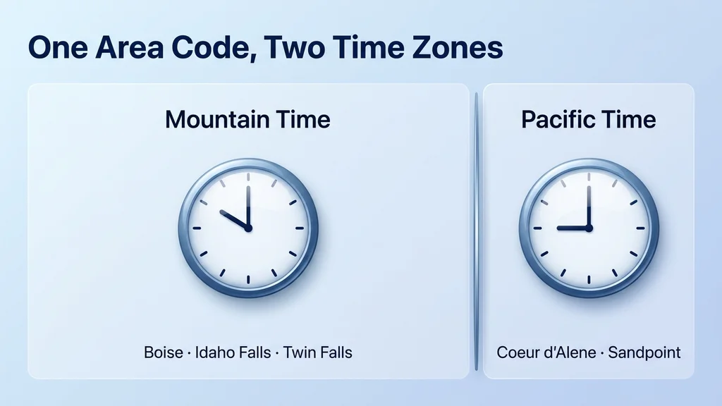 Two side-by-side panels each with a glossy clock, the left labeled Mountain Time for Boise, Idaho Falls, and Twin Falls, the right labeled Pacific Time for Coeur d'Alene and Sandpoint an hour behind