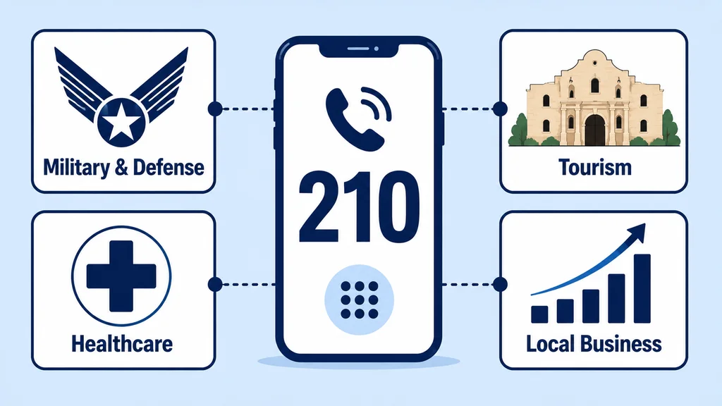 Four industry boxes showing a military insignia for Defense and Bases, the Alamo for Tourism, a medical cross for Healthcare and a growth chart for Local Business in San Antonio