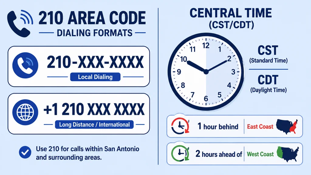 Dialing guide graphic showing domestic 210-XXX-XXXX, international +1-210-XXX-XXXX and Central Time clock comparison against East and West coast times