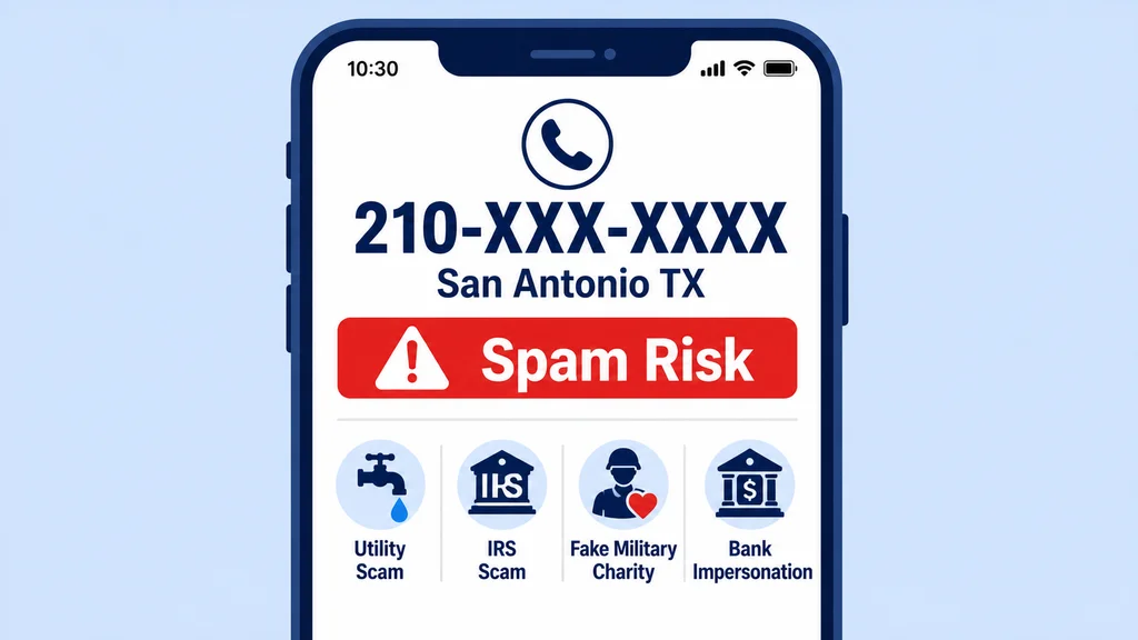Smartphone screen showing 210-XXX-XXXX San Antonio TX incoming call with Spam Risk warning and icons for utility scam, IRS scam, fake military charity scam and bank impersonation