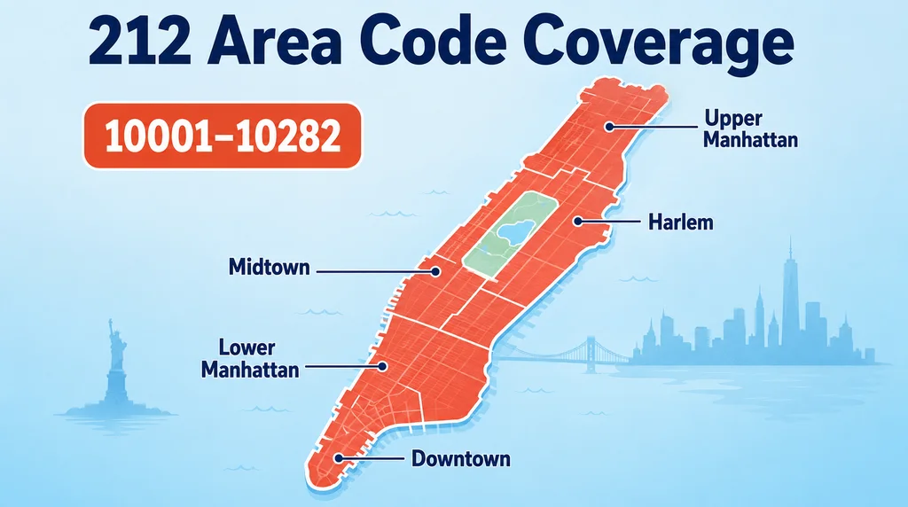 212 Area Code Coverage Map — Manhattan neighborhoods and ZIP codes 10001–10282