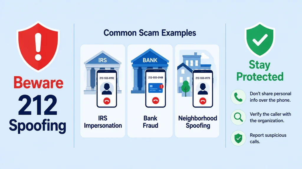 Beware 212 Spoofing — IRS Impersonation, Bank Fraud, Neighborhood Spoofing scam examples