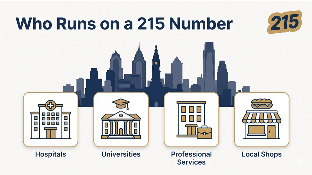 Flat illustration of who runs on a 215 number, showing the Philadelphia skyline above four labeled icon cards — hospitals, universities, professional services, and local shops — with a 215 badge