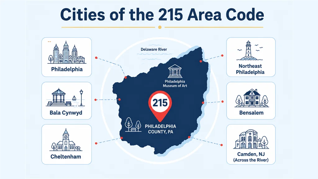 Illustration of the 215 area code footprint centered on Philadelphia County, Pennsylvania, with labeled cards for communities such as Philadelphia, Bala Cynwyd, Cheltenham, Northeast Philadelphia and Bensalem, and Camden shown across the Delaware River in New Jersey for reference