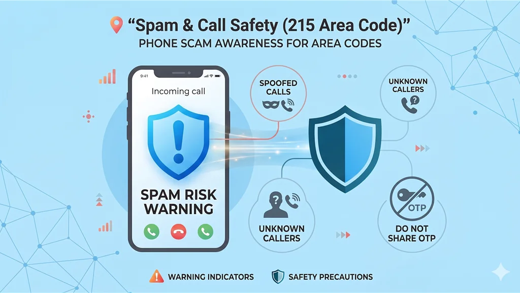 Phone scam safety graphic for the 215 area code showing a smartphone with a Spam Risk Warning on an incoming call beside a shield and icons for spoofed calls, unknown callers, and do not share OTP