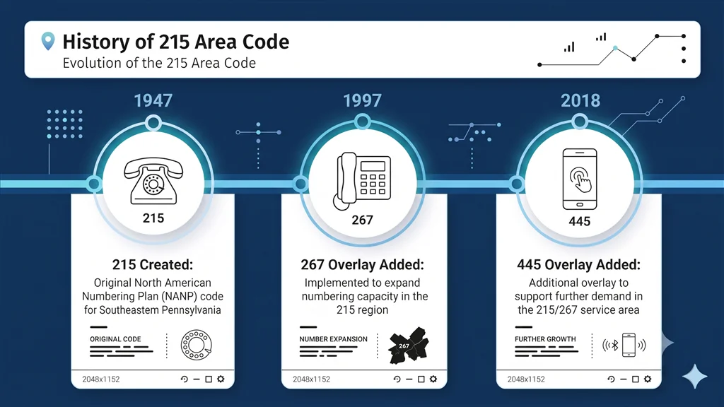 Timeline of the Philadelphia area codes showing 215 created in 1947, the 267 overlay added in 1997, and the 445 overlay added in 2018, with a rotary phone, desk phone and smartphone marking each era