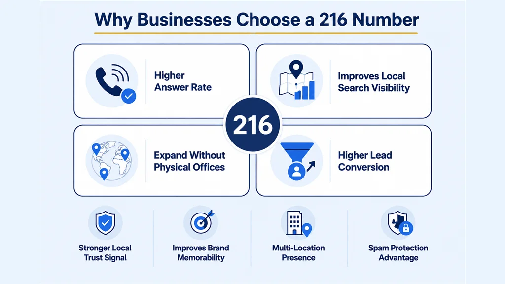 Why Businesses Choose a 216 Number infographic showing eight benefit cards: Higher Answer Rate, Improves Local Search Visibility, Expand Without Physical Offices, Higher Lead Conversion, Stronger Local Trust Signal, Improves Brand Memorability, Multi-Location Presence, and Spam Protection Advantage, with a central 216 badge on a light blue background