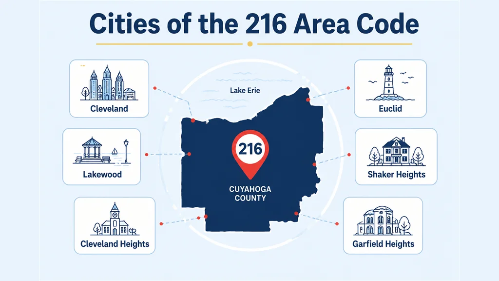 Cities of the 216 area code map showing Cuyahoga County Ohio with Lake Erie at the top and six labeled city icons surrounding a central 216 badge — Cleveland, Lakewood, Cleveland Heights, Euclid, Shaker Heights, and Garfield Heights
