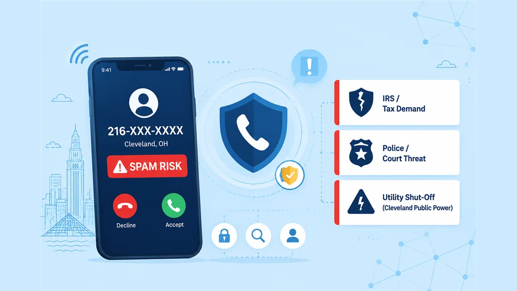 Phone scam safety infographic for the 216 area code showing a smartphone with a Spam Risk warning on an incoming 216-XXX-XXXX call and three threat warning cards identifying IRS and Tax Demand scams, Police and Court Threat calls, and Utility Shut-Off threats impersonating Cleveland Public Power