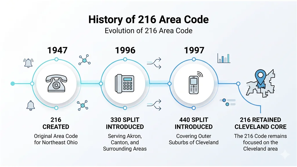 Timeline infographic titled History of 216 Area Code showing four milestones: 1947 original area code for northeast Ohio, 1996 when 330 split off serving Akron Canton and surrounding areas, 1997 when 440 split off covering outer suburbs of Cleveland, and 216 retained as the Cleveland core area code
