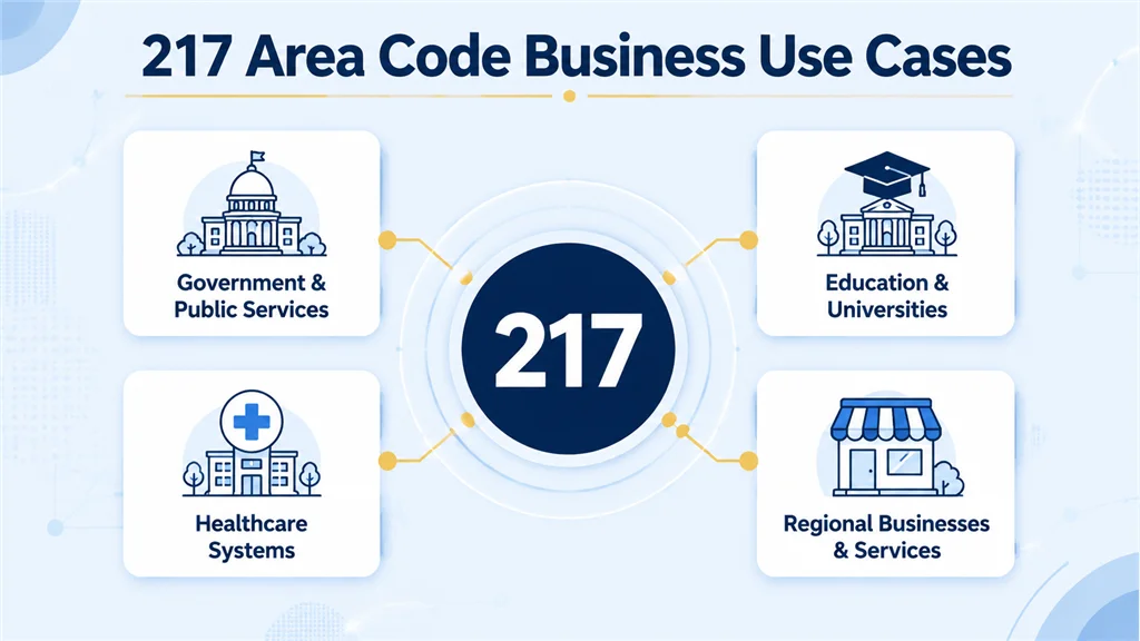 217 Area Code Business Use Cases infographic showing four icon cards arranged around a central navy 217 badge on a light blue background — Government and Public Services with a capitol dome icon, Education and Universities with a graduation cap icon, Healthcare Systems with a medical cross icon, and Regional Businesses and Services with a storefront icon