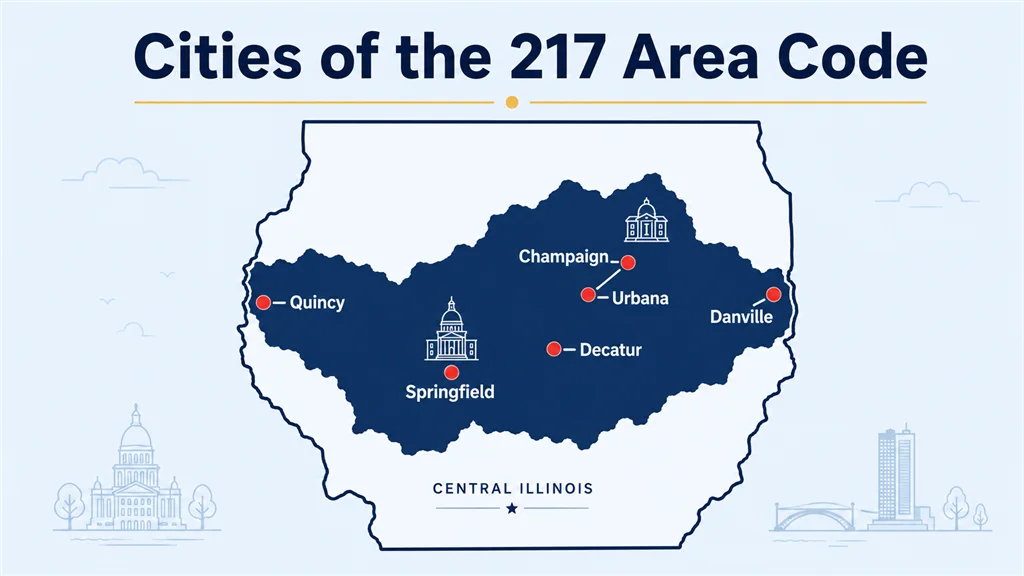 Cities of the 217 area code map showing central Illinois with labeled icons for Springfield, Champaign-Urbana, Decatur, Danville, Quincy, and Jacksonville arranged around a central 217 badge on a light blue background