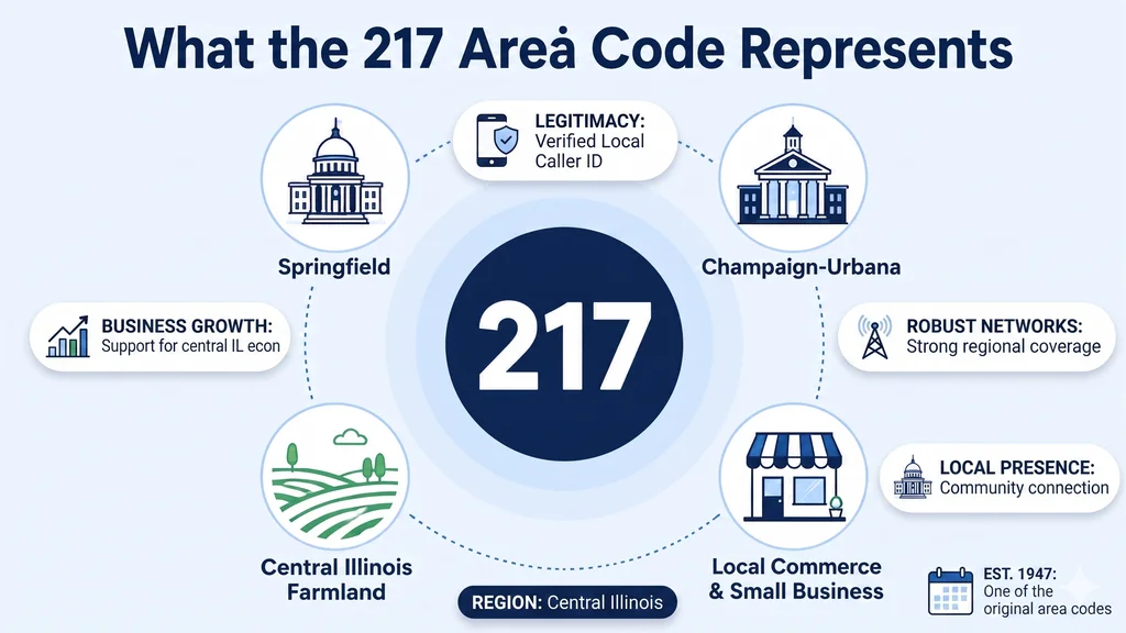 What the 217 Area Code Represents infographic showing a circular diagram with a central 217 badge and four surrounding labels: Springfield at the top left, Champaign-Urbana at the top right, Central Illinois Farmland at the bottom left, and Local Commerce and Small Business at the bottom right, on a light blue background