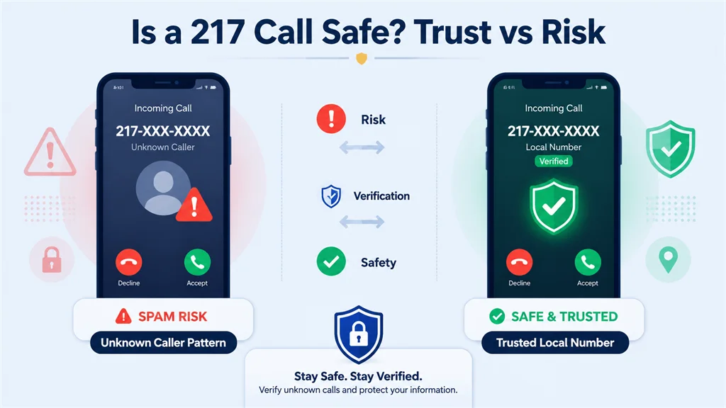 Is a 217 Call Safe infographic titled Trust vs Risk showing two smartphones side by side — left phone displays an incoming 217-XXX-XXXX call with a red Spam Risk badge and Unknown Caller Pattern label, right phone displays a verified local number with a green Safe and Trusted badge, with a center column showing Risk Verification and Safety steps on a light blue background