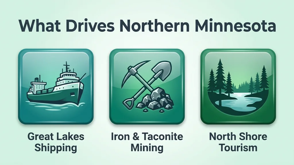 Three glossy industry tiles for Great Lakes shipping with a cargo ship, iron and taconite mining with an ore icon, and North Shore tourism with a pine-and-lake icon