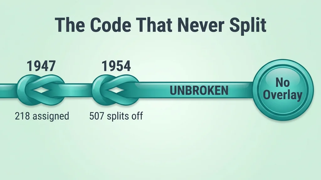 Timeline ribbon showing 218 assigned in 1947, 507 splitting off southern Minnesota in 1954, and an unbroken line from 1954 to today with a No Overlay seal