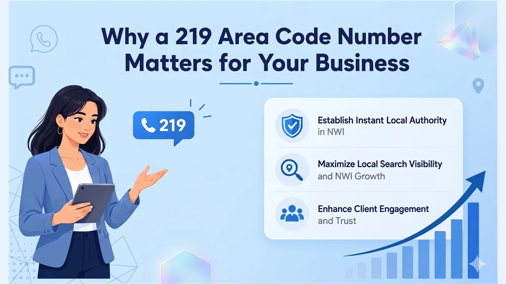 Who Uses 219 Area Code Numbers infographic showing four icon cards on a light blue background: hard hat icon for Industrial and Steel Businesses, commuter train icon for Chicago Commuter Services, beach dunes icon for Tourism and Hospitality, and storefront icon for Suburban Retail and Commerce, with a central 219 Indiana badge