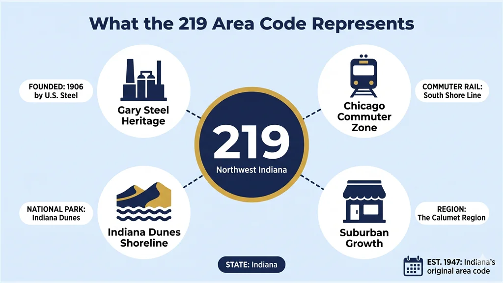 The Calumet Region identity infographic for the 219 area code showing four quadrant icons: Gary Steel Heritage with industrial mill, Chicago Commuter Zone with train and skyline, Lake Michigan Shoreline with Indiana Dunes, and Suburban Growth with modern commercial buildings, surrounding a central 219 Indiana badge