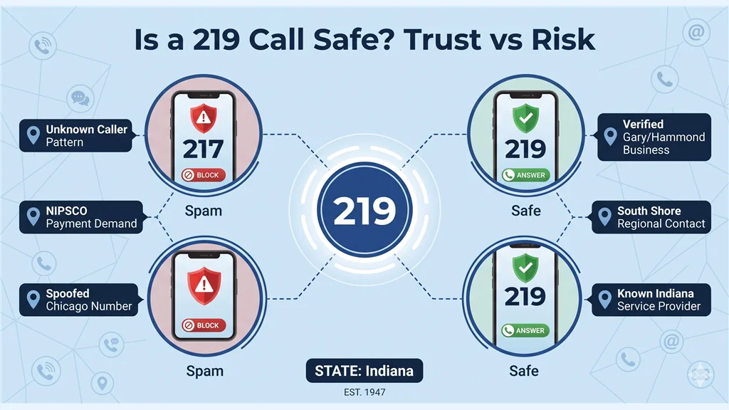 Is a 219 Call Safe infographic showing a dual-panel comparison: left panel red background Spam Risk with Unknown Caller and Pressure Tactics warning icons, right panel green background Safe Call with Verified Local Caller and Known Business indicators, center shows 219 badge with verification steps