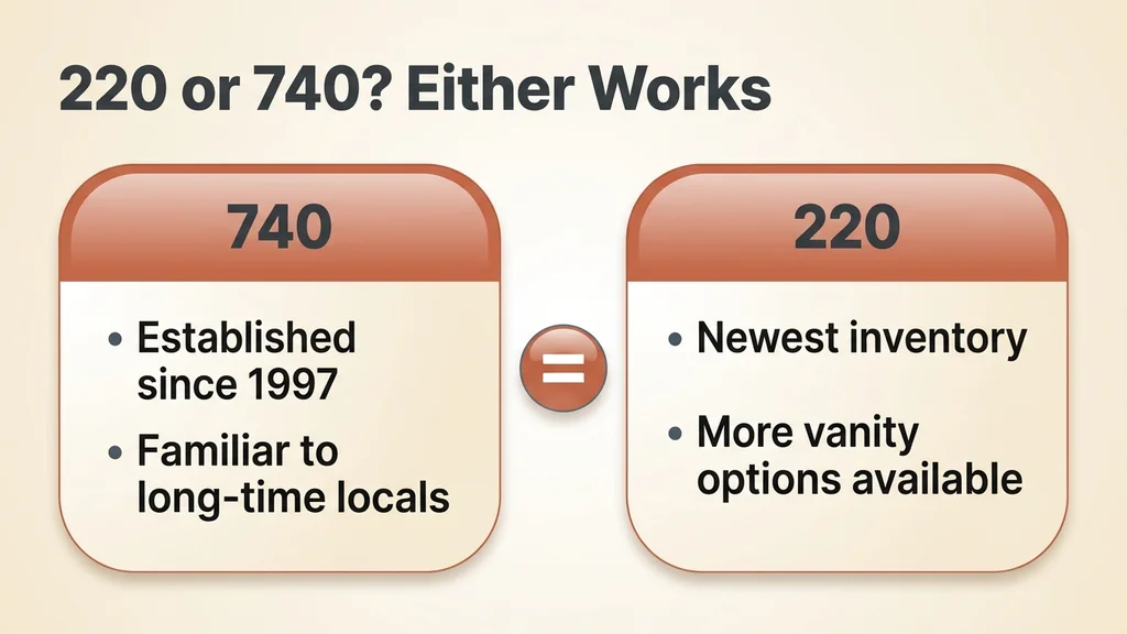 Two side-by-side comparison cards labeled 740 and 220, listing 740 as established since 1997 and familiar to long-time locals, and 220 as newest inventory with more vanity options available, joined by an equals sign