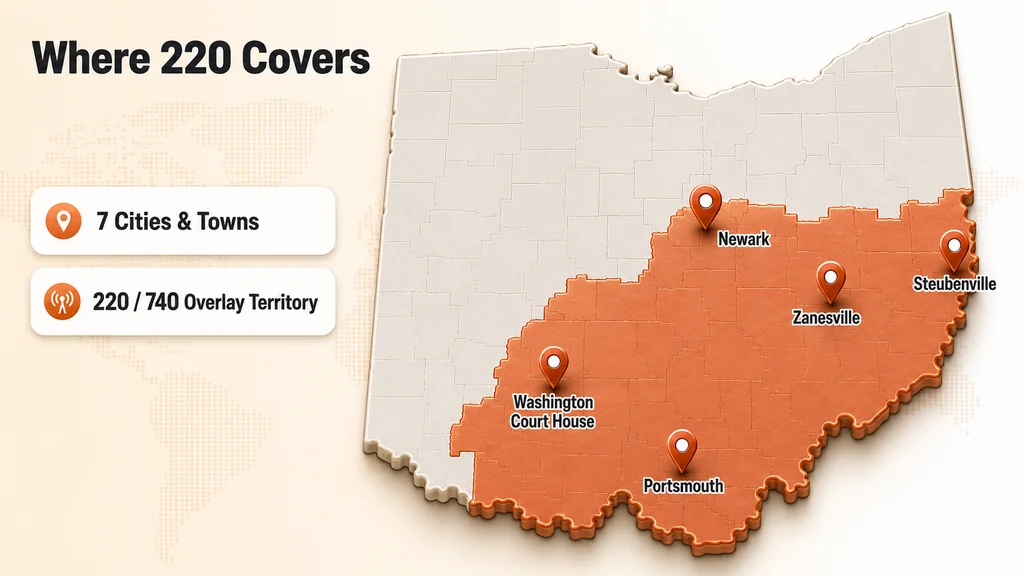 Dimensional map of southeastern and central Ohio highlighted with pins marking Newark, Zanesville, Portsmouth, Steubenville, and Washington Court House
