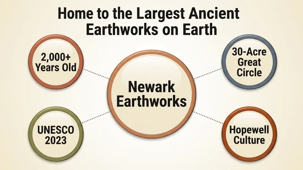 Radial diagram with a center circle labeled Newark Earthworks surrounded by four fact badges reading 2,000+ years old, 30-acre Great Circle, UNESCO 2023, and Hopewell Culture