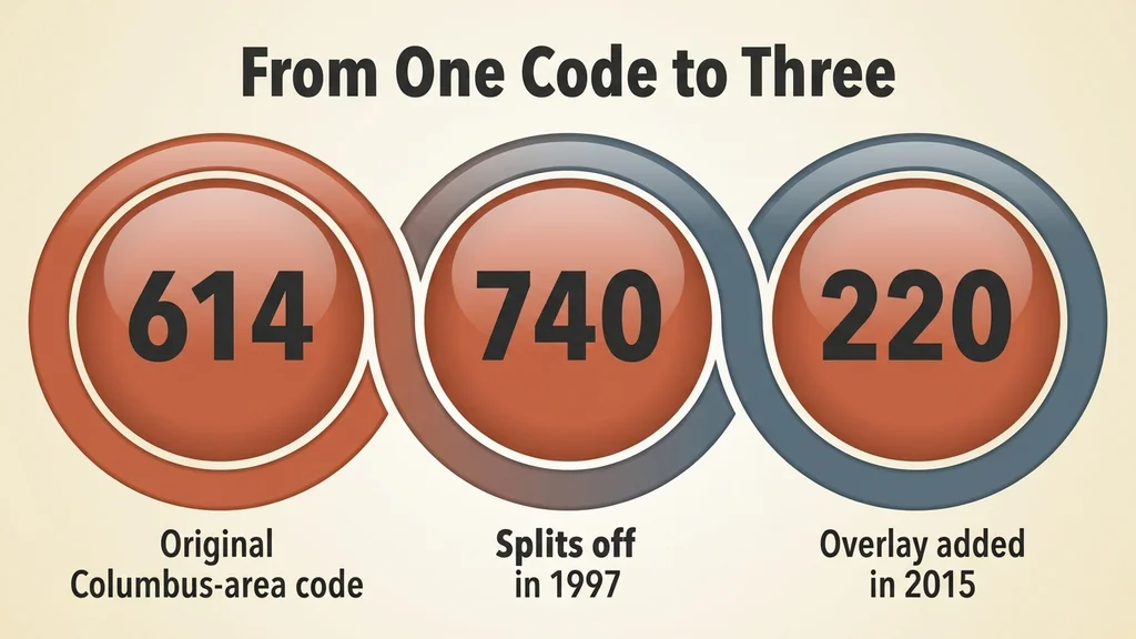 Three connected circular milestone badges in a horizontal chain showing 614 covering Ohio, 740 splitting off in 1997, and 220 added as an overlay in 2015