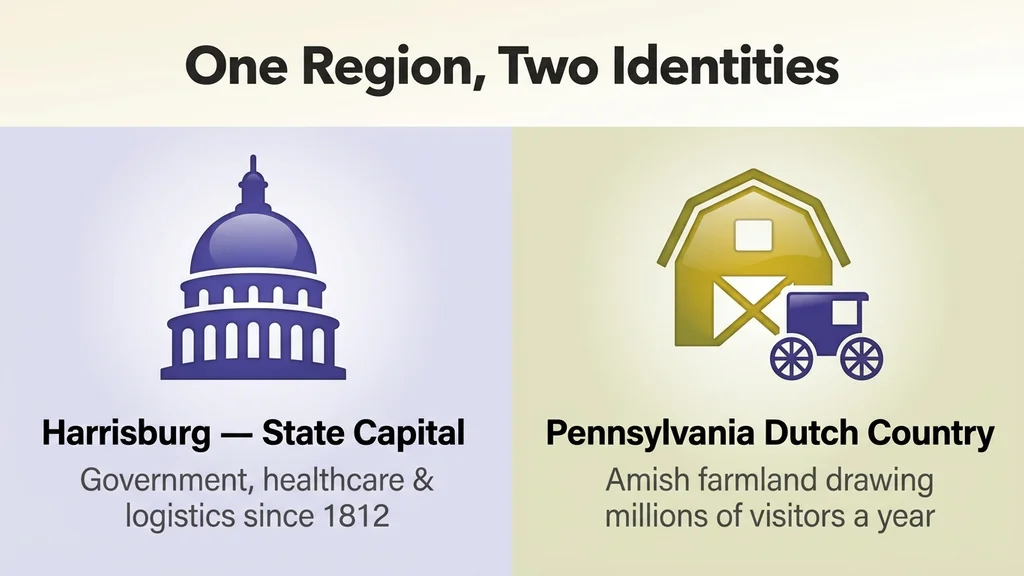 A clean two-panel split with glossy icons and supporting text — the left panel a capitol-dome icon labeled Harrisburg, State Capital, noting government, healthcare and logistics since 1812; the right panel a barn-and-buggy icon labeled Pennsylvania Dutch Country, noting Amish farmland that draws millions of visitors a year