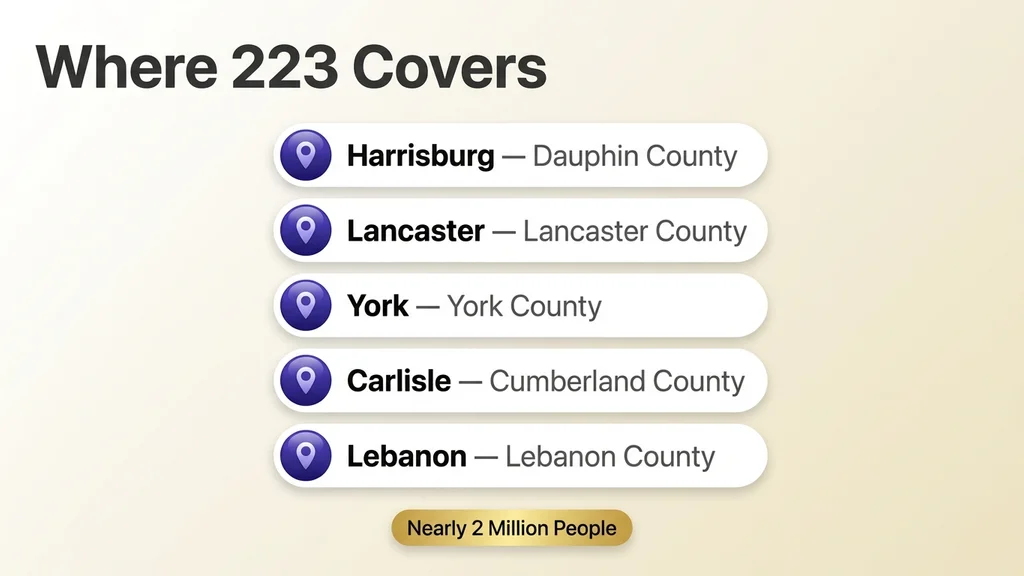Vertical list of five white cards, each with a pin icon and a city name and county: Harrisburg, Lancaster, York, Carlisle, and Lebanon