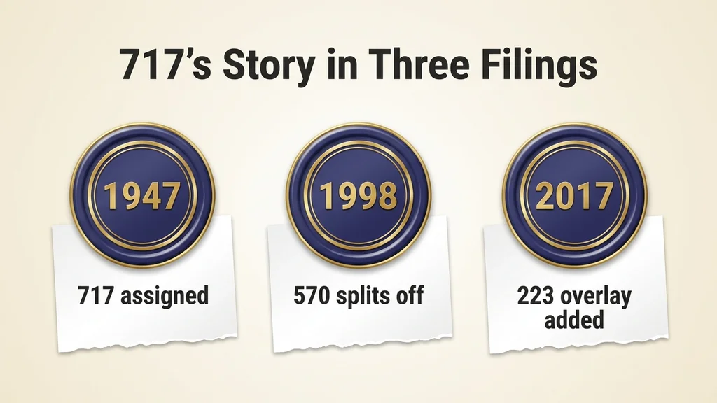 Three glossy official-seal stamps in a row, dated 1947, 1998, and 2017, each stamped over a torn document edge, representing the region's numbering-plan history