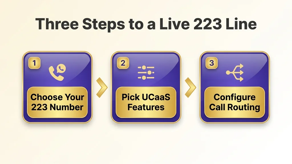 Three numbered process steps connected by arrows: step one choose a 223 number, step two pick UCaaS features, step three configure call routing