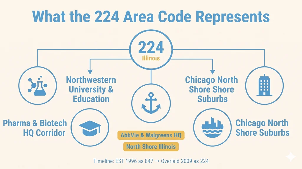Infographic of major employers in the 224 overlay territory with icons for a pharmaceutical headquarters, an insurance headquarters, a university campus, and a retail headquarters over a Chicago suburbs map